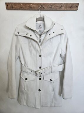 GUESS White Belted Trench Coat with Snap Collar